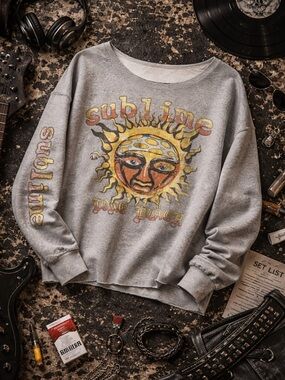 Sublime Long Beach Gray Graphic Sweatshirt Oversized Raw Hem